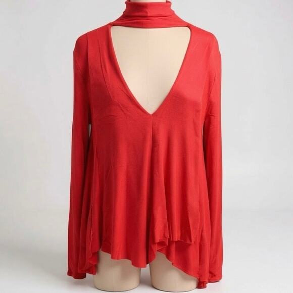Free People Tops - Free People Uptown Turtle Choker Red Deep V Tunic Top Long Sleeve Womens XS